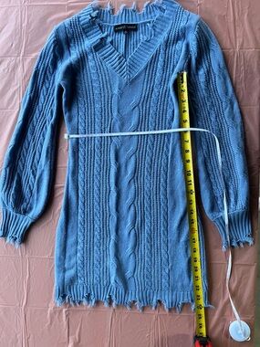Almost Famous Distressed Blue Cable-Knit V-Neck Sweater